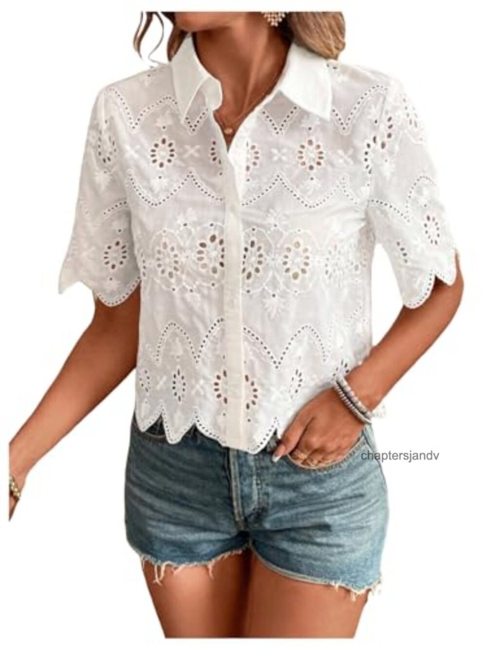 Boho Eyelet Crop Top Blouse Short Sleeve Button Down Scallop Trim
